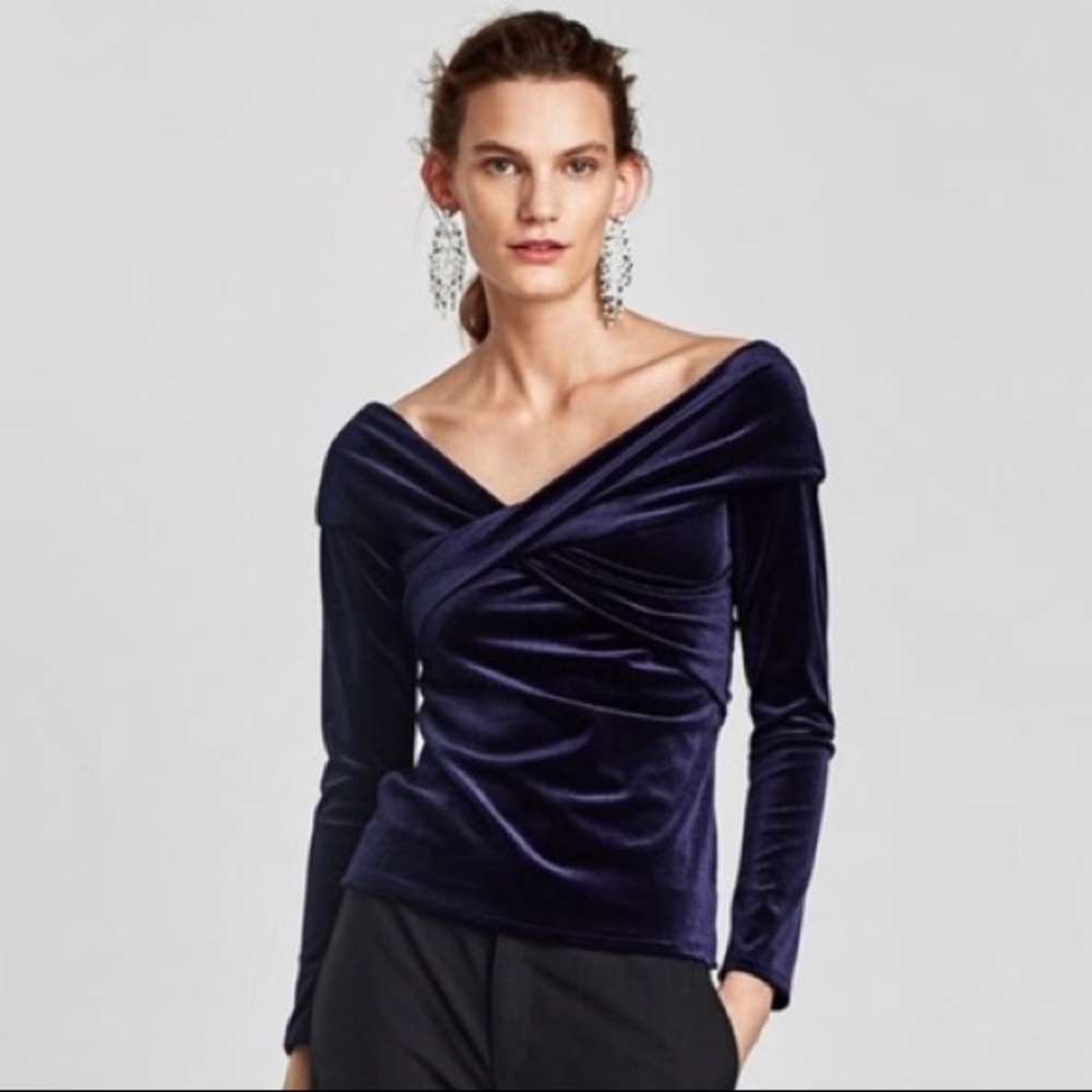 Zara Blue Velvet Off-Shoulder Top